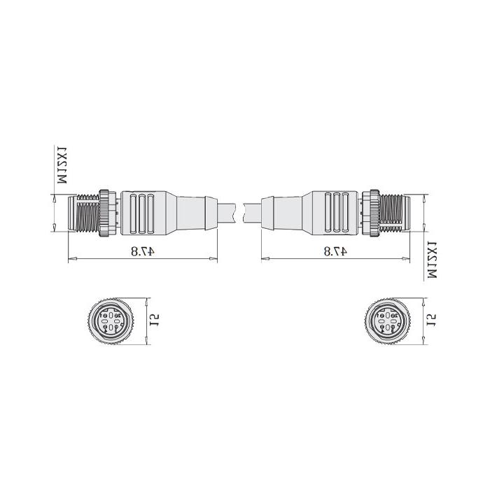 M12 4-PIN D-coded, male straight turn male straight, double end precast PUR flexible cable, black sheath, 64DD35-XXX